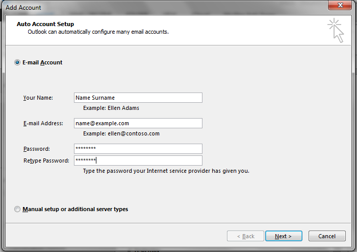 outlook 2013 auto account setup